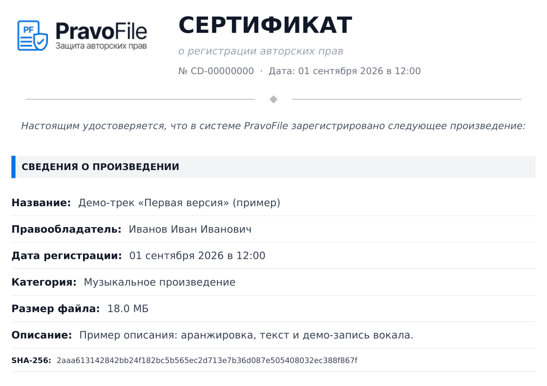 Фрагмент PDF-сертификата PravoFile на вымышленных данных: название трека, правообладатель, дата регистрации, категория «Музыкальное произведение» и хеш SHA-256